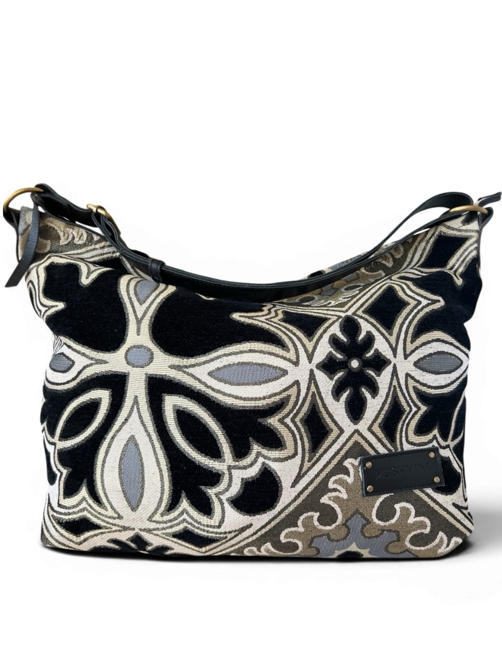 Mushmina Moroccan Tapestry Bold Geometric Chenille Leather Hobo Bag
